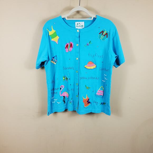 Quacker Factory Blue Short Sleeve Beach Flip Flops Swimsuits Cardigan Size M - Picture 1 of 9